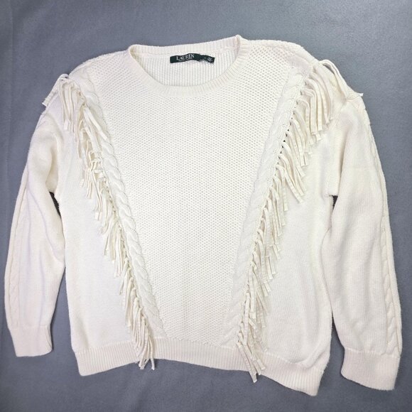 Lauren Ralph Lauren Sweater Womens Large Ivory Fringe Cable Knit Cotton Boho - Picture 1 of 12